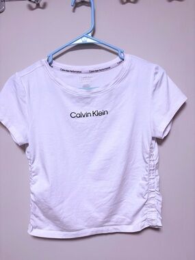 Calvin Klein White Short-Sleeve Logo Tee with Side Ruching